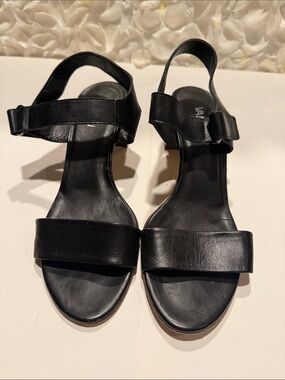 Vaneli Black Leather Open-Toe Slingback Heels